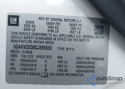 2012 Buick Enclave Leather from USA, damaged, VIN 5GAKVCED8CJ365582